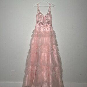 Sexy Pink A-Line Doric V Neck Long Prom Dress
